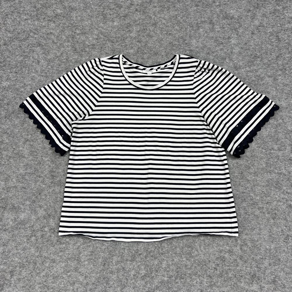 Chico's Shirt Womens L Black White Stripe Flutter Sleeve Crochet Casual Stretch